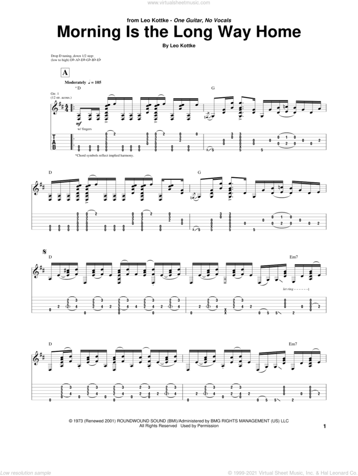Morning Is The Long Way Home sheet music for guitar (tablature) by Leo Kottke, intermediate skill level