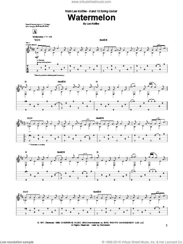 Watermelon sheet music for guitar (tablature) by Leo Kottke, intermediate skill level