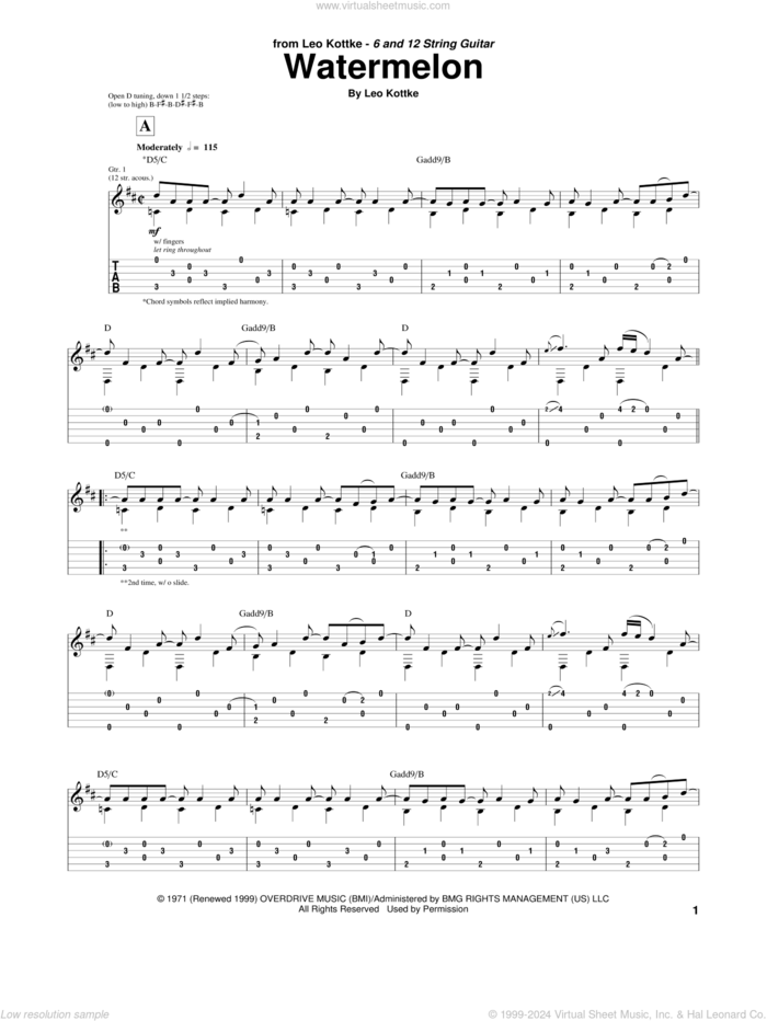 Watermelon sheet music for guitar (tablature) by Leo Kottke, intermediate skill level