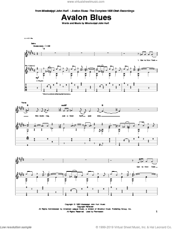 Avalon Blues sheet music for guitar (tablature) by Mississippi John Hurt, intermediate skill level