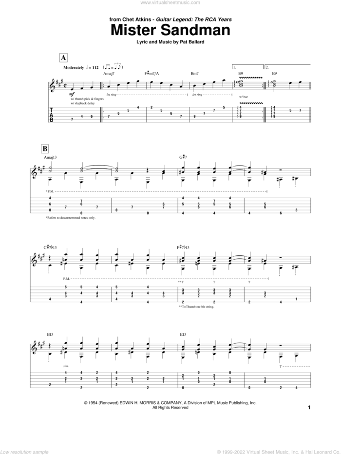 Mister Sandman sheet music for guitar (tablature) by The Chordettes and Pat Ballard, intermediate skill level