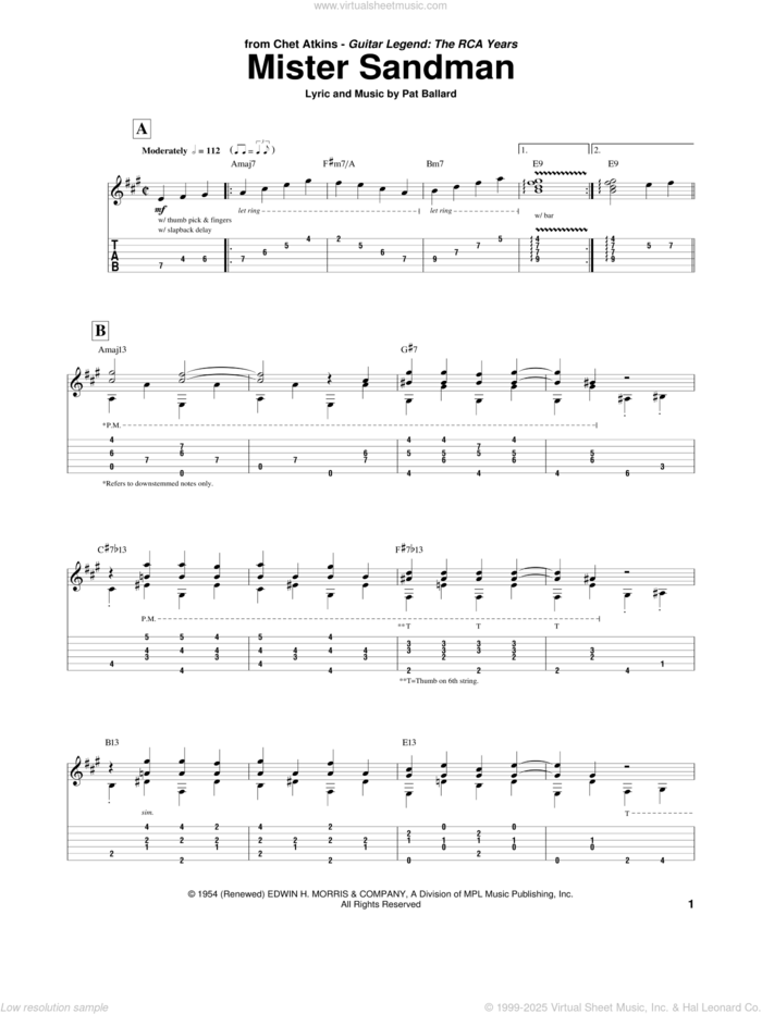 Mister Sandman sheet music for guitar (tablature) by The Chordettes and Pat Ballard, intermediate skill level