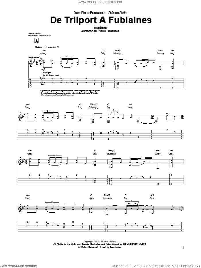 De Trilport A Fublaines sheet music for guitar (tablature) by Pierre Bensusan, intermediate skill level