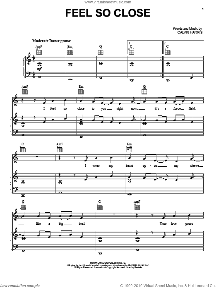 Feel So Close sheet music for voice, piano or guitar by Calvin Harris, intermediate skill level