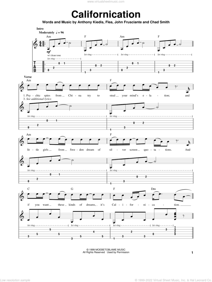 Californication sheet music for guitar (tablature, play-along) by Red Hot Chili Peppers, Anthony Kiedis, Chad Smith, Flea and John Frusciante, intermediate skill level