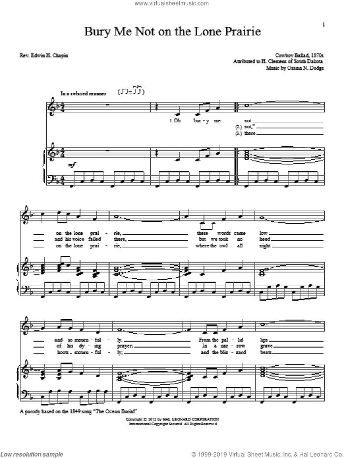 Bury Me Not On The Lone Prairie sheet music for voice and piano by E.H. Chapin and Ossian N. Dodge, intermediate skill level