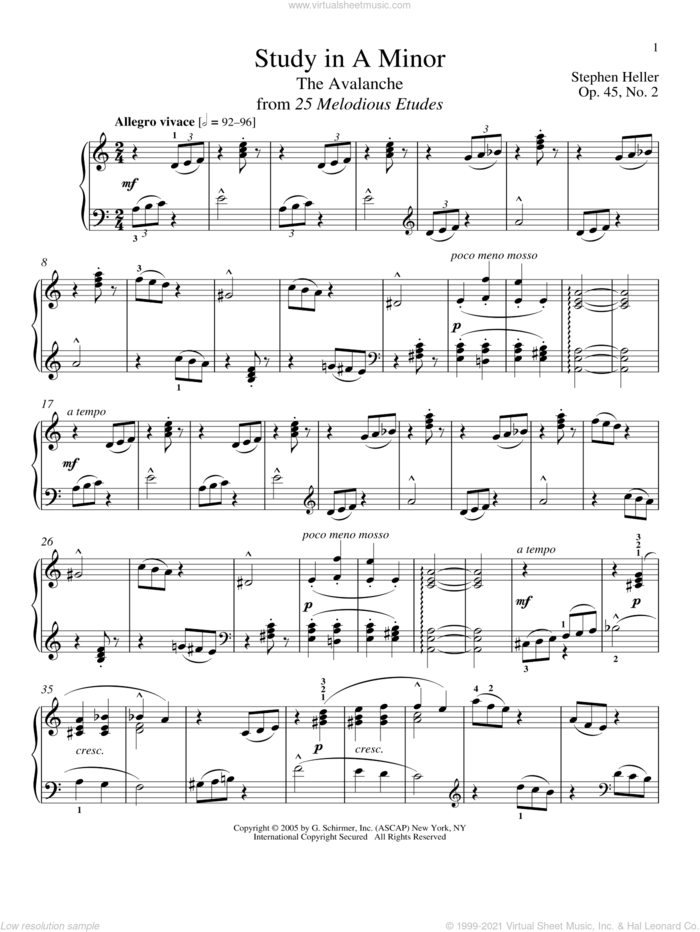 Avalanche, Op. 45, No. 2 sheet music for piano solo by Stephen Heller, classical score, intermediate skill level