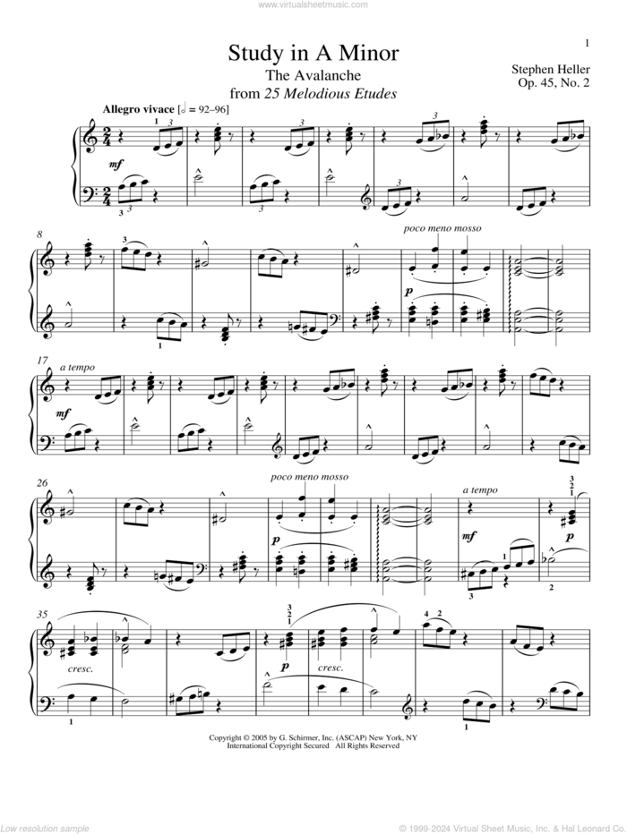 Avalanche, Op. 45, No. 2 sheet music for piano solo by Stephen Heller, classical score, intermediate skill level