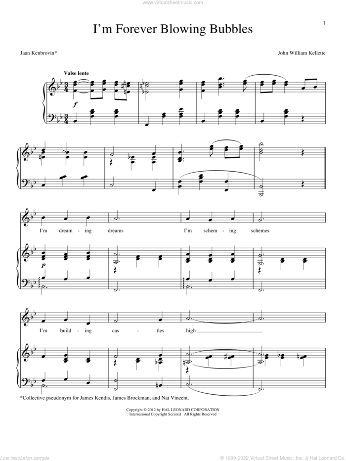 I'm Forever Blowing Bubbles sheet music for voice and piano by Jean Kenbrovin and John William Kellette, intermediate skill level