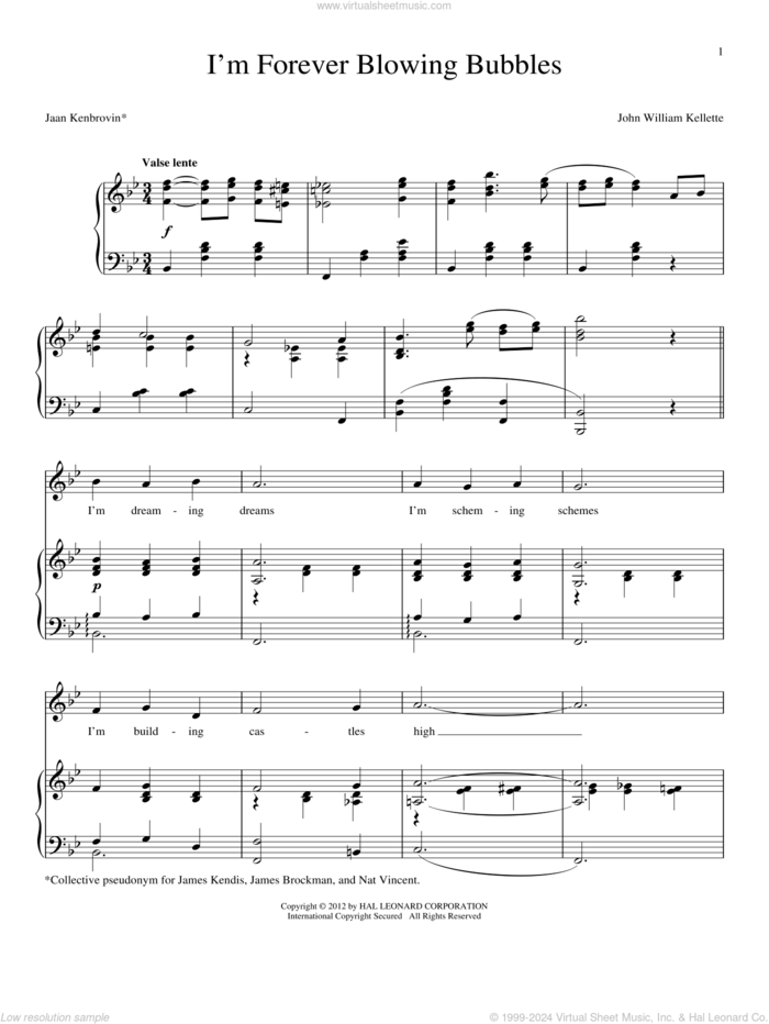 I'm Forever Blowing Bubbles sheet music for voice and piano by Jean Kenbrovin and John William Kellette, intermediate skill level