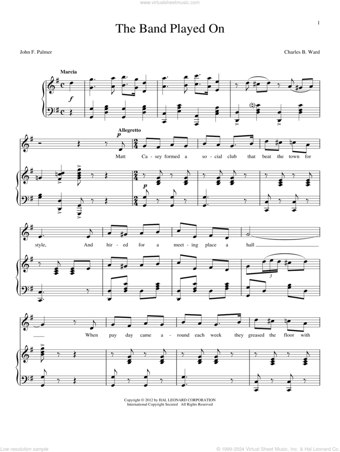 The Band Played On sheet music for voice and piano by Charles B. Ward and John E. Palmer, intermediate skill level