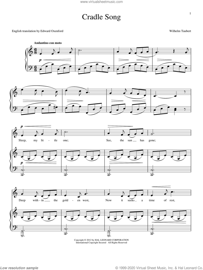 Cradle Song sheet music for voice and piano by Wilhelm Taubert and Edward Oxenford, intermediate skill level