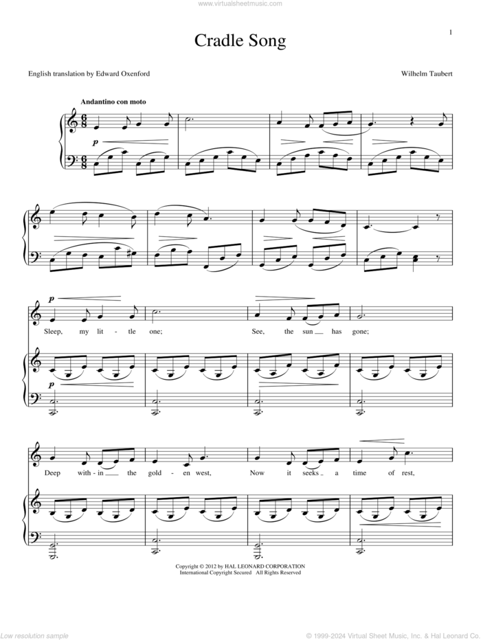 Cradle Song sheet music for voice and piano by Wilhelm Taubert and Edward Oxenford, intermediate skill level