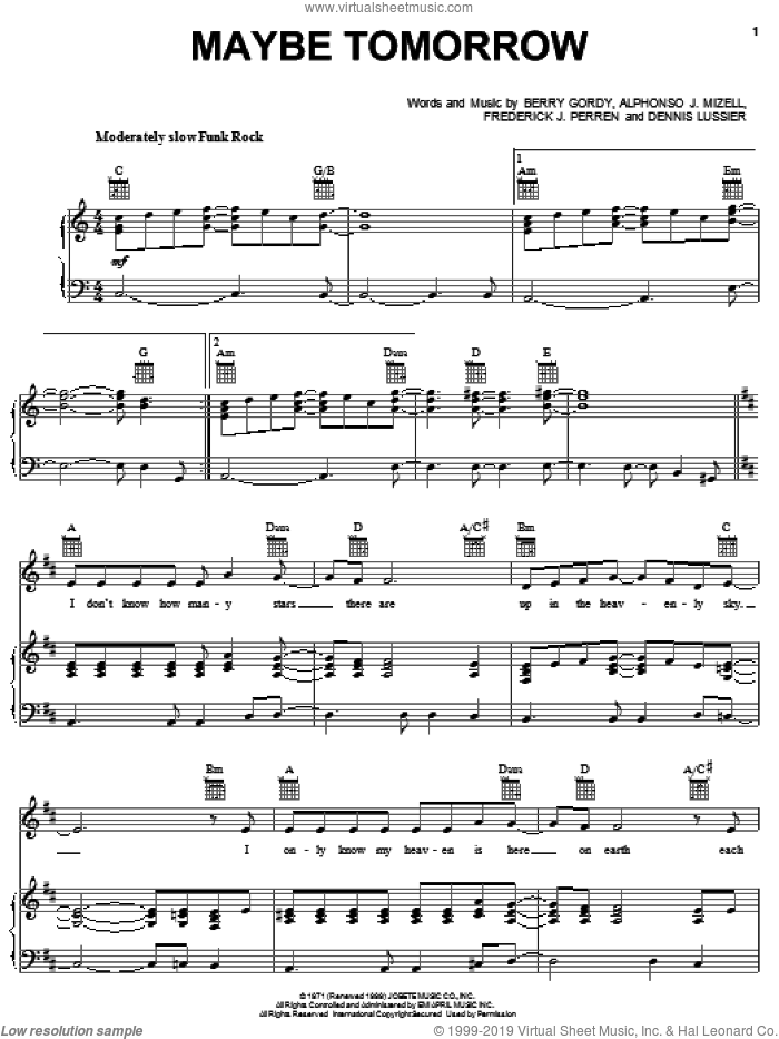 Maybe Tomorrow sheet music for voice, piano or guitar by The Jackson 5, Michael Jackson, Alphonso J. Mizell, Berry Gordy, Dennis Lussier and Frederick Perren, intermediate skill level