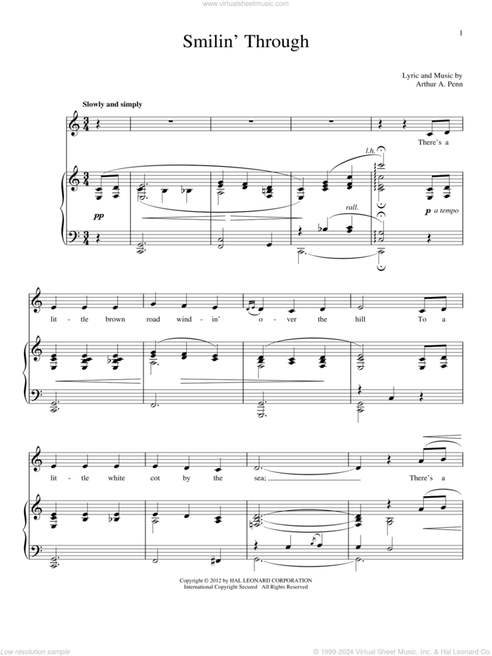 Smilin' Through sheet music for voice and piano by Arthur A. Penn, intermediate skill level