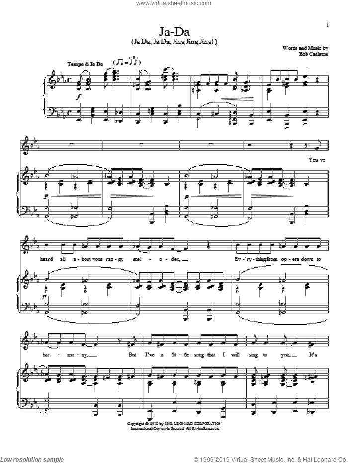 Ja-Da sheet music for voice and piano by Bob Carleton, intermediate skill level