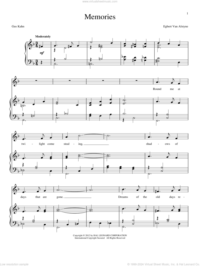 Memories sheet music for voice and piano by Egbert Van Alstyne and Gus Kahn, intermediate skill level
