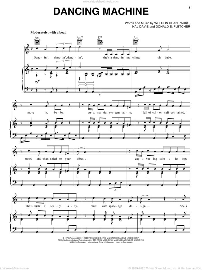 Dancing Machine sheet music for voice, piano or guitar by The Jackson 5, Michael Jackson, Donald E. Fletcher, Hal Davis and Weldon Dean Parks, intermediate skill level