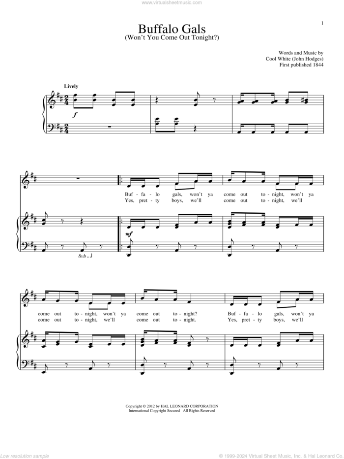 Buffalo Gals (Won't You Come Out Tonight?) sheet music for voice and piano by Cool White and John Hodges, intermediate skill level