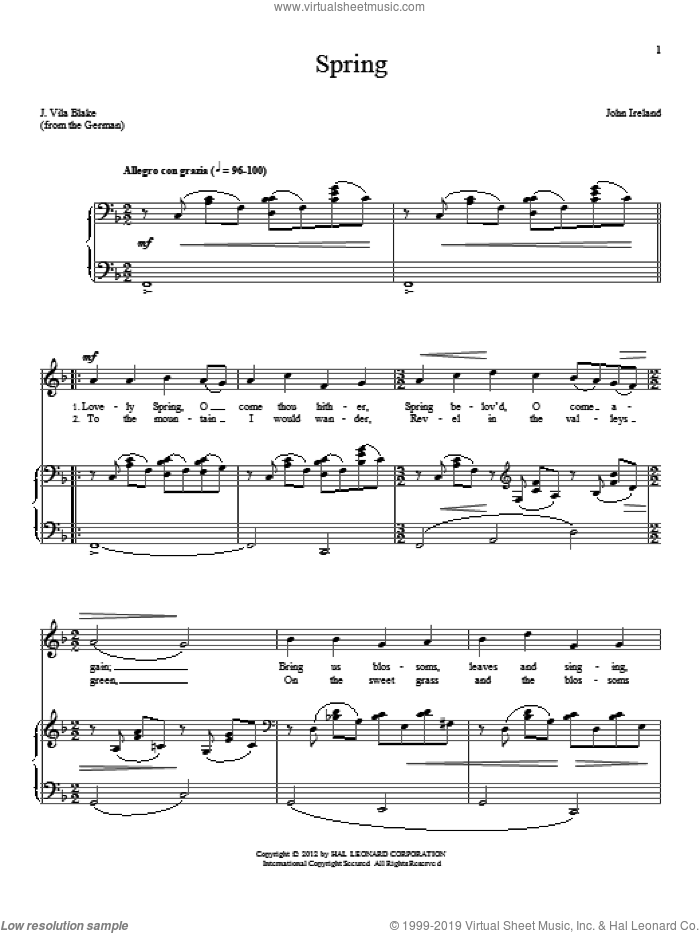 Spring sheet music for voice and piano by John Ireland and J. Vila Blake, intermediate skill level