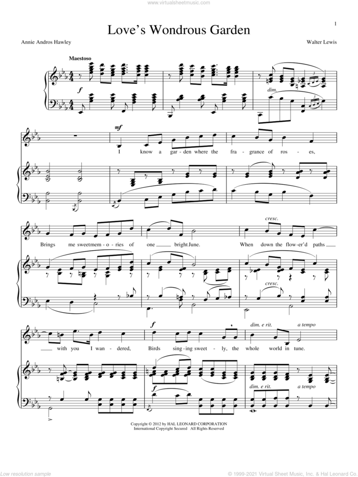 Love's Wondrous Garden sheet music for voice and piano by Annie Andros Hawley and Walter Lewis, intermediate skill level