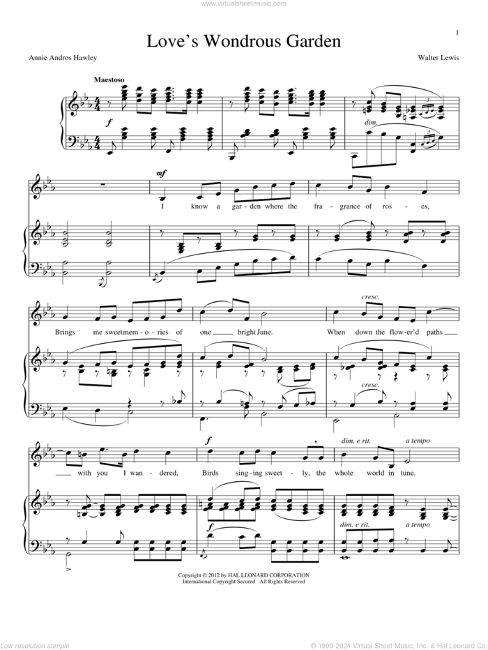 Love's Wondrous Garden sheet music for voice and piano by Annie Andros Hawley and Walter Lewis, intermediate skill level