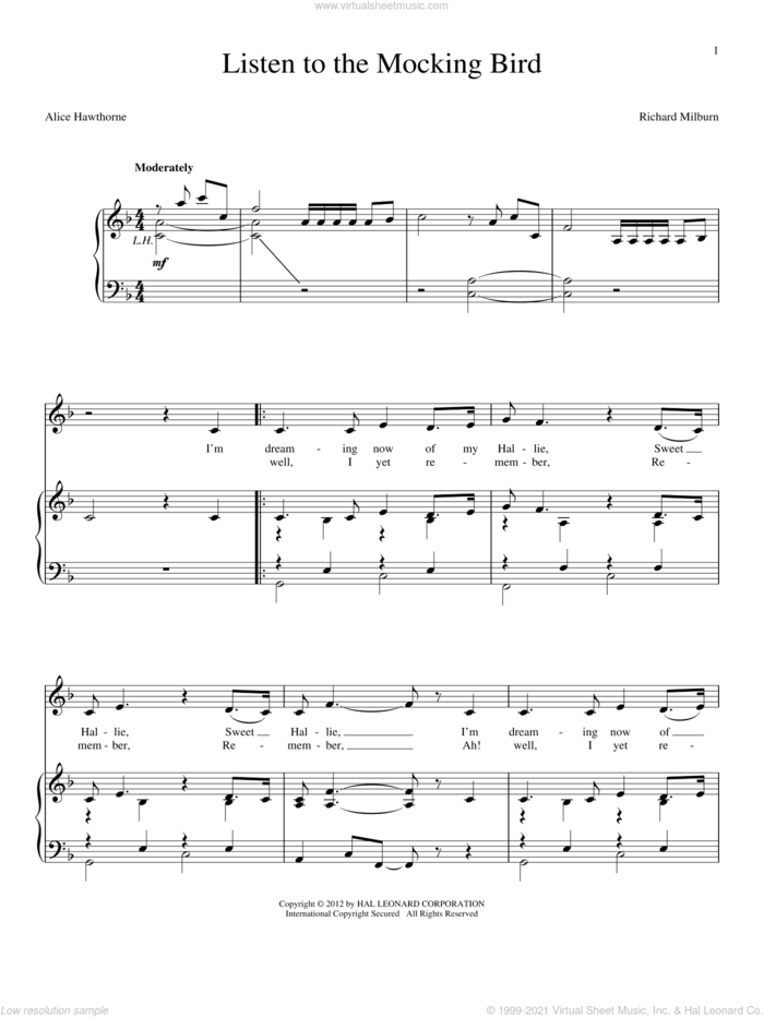 Listen To The Mocking Bird sheet music for voice and piano by Alice Hawthorne and Richard Milburn, intermediate skill level