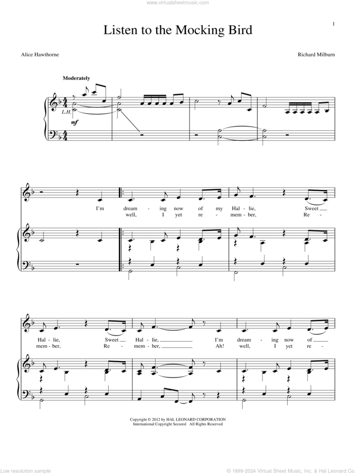 Listen To The Mocking Bird sheet music for voice and piano by Alice Hawthorne and Richard Milburn, intermediate skill level