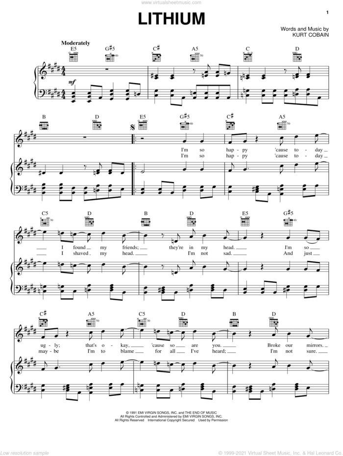 Lithium sheet music for voice, piano or guitar by Nirvana and Kurt Cobain, intermediate skill level