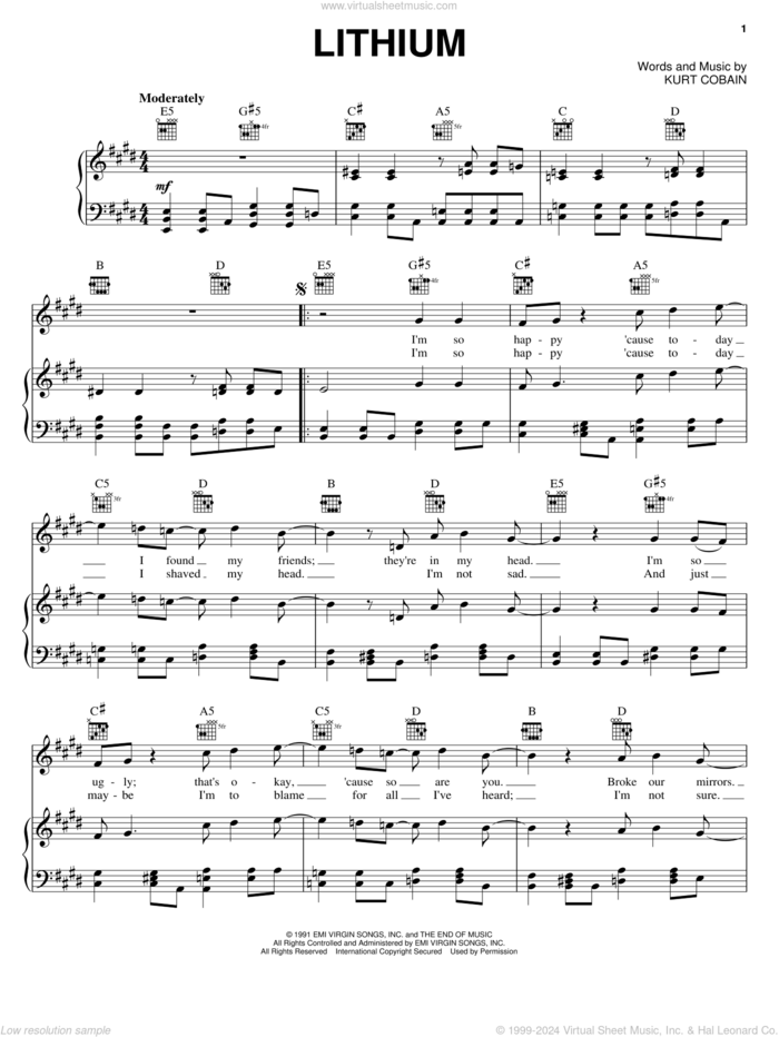 Lithium sheet music for voice, piano or guitar by Nirvana and Kurt Cobain, intermediate skill level