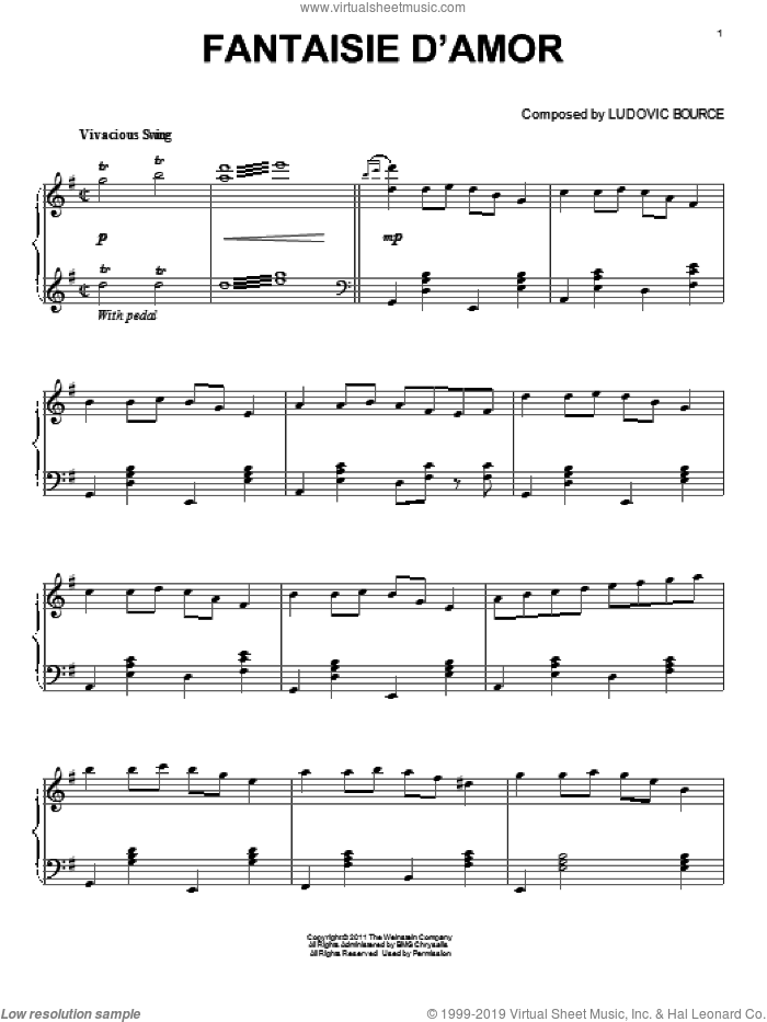Fantaisie D'Amor sheet music for piano solo by Ludovic Bource and The Artist (Movie), intermediate skill level