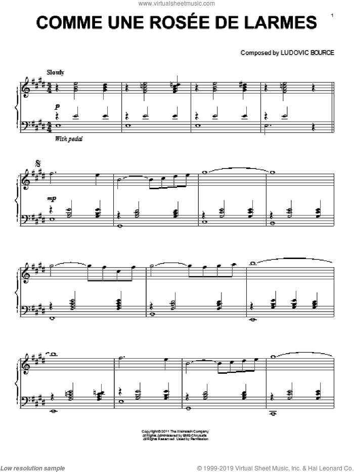 Comme Une Rosee De Larmes, (intermediate) sheet music for piano solo by Ludovic Bource and The Artist (Movie), intermediate skill level
