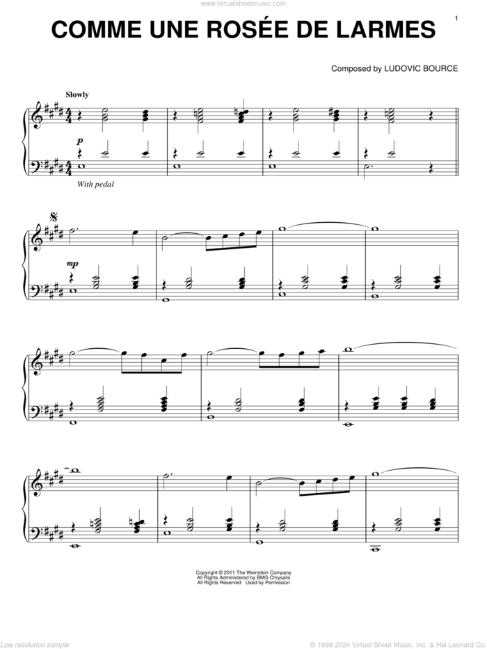 Comme Une Rosee De Larmes, (intermediate) sheet music for piano solo by Ludovic Bource and The Artist (Movie), intermediate skill level