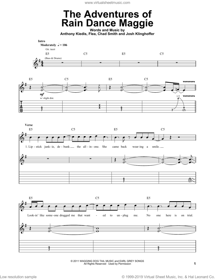 The Adventures Of Rain Dance Maggie sheet music for guitar (tablature, play-along) by Red Hot Chili Peppers, Anthony Kiedis, Chad Smith, Flea and Josh Klinghoffer, intermediate skill level