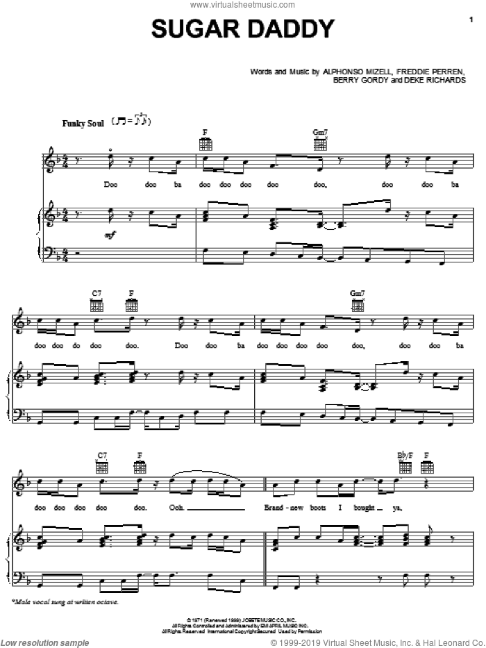 Sugar Daddy sheet music for voice, piano or guitar by The Jackson 5, Michael Jackson, Alphonso Mizell, Berry Gordy, Deke Richards and Frederick Perren, intermediate skill level