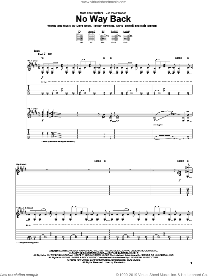 No Way Back sheet music for guitar (tablature) by Foo Fighters, Chris Shiflett, Dave Grohl, Nate Mendel and Taylor Hawkins, intermediate skill level