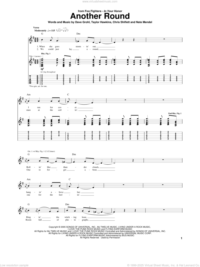 Another Round sheet music for guitar (tablature) by Foo Fighters, Chris Shiflett, Dave Grohl, Nate Mendel and Taylor Hawkins, intermediate skill level