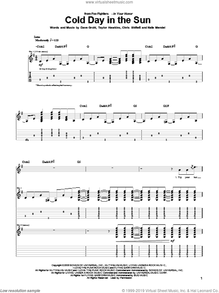 Cold Day In The Sun sheet music for guitar (tablature) by Foo Fighters, Chris Shiflett, Dave Grohl, Nate Mendel and Taylor Hawkins, intermediate skill level