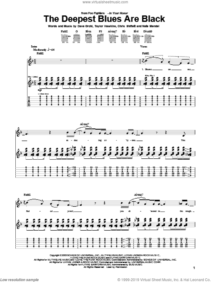 The Deepest Blues Are Black sheet music for guitar (tablature) by Foo Fighters, Chris Shiflett, Dave Grohl, Nate Mendel and Taylor Hawkins, intermediate skill level