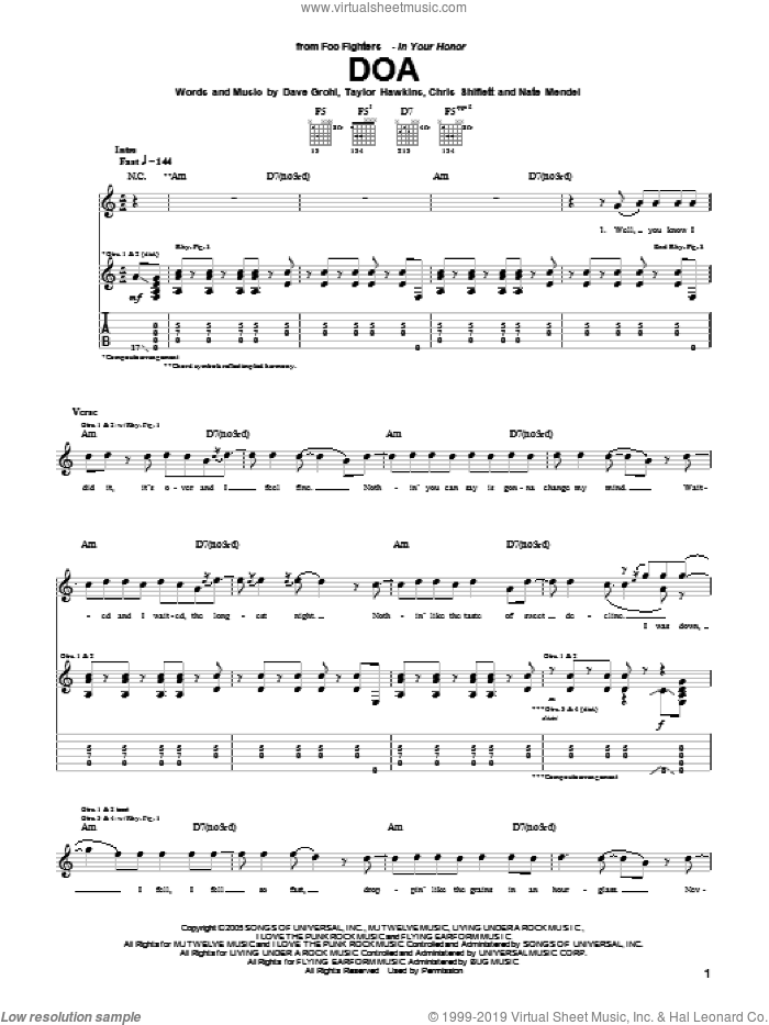 DOA sheet music for guitar (tablature) by Foo Fighters, Chris Shiflett, Dave Grohl, Nate Mendel and Taylor Hawkins, intermediate skill level