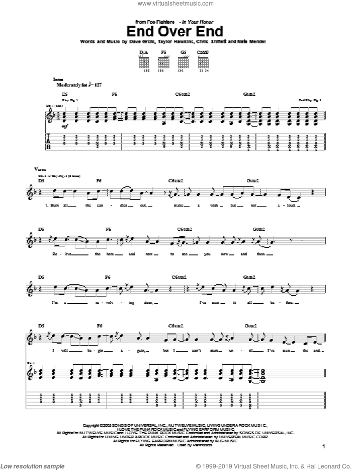 End Over End sheet music for guitar (tablature) by Foo Fighters, Chris Shiflett, Dave Grohl, Nate Mendel and Taylor Hawkins, intermediate skill level