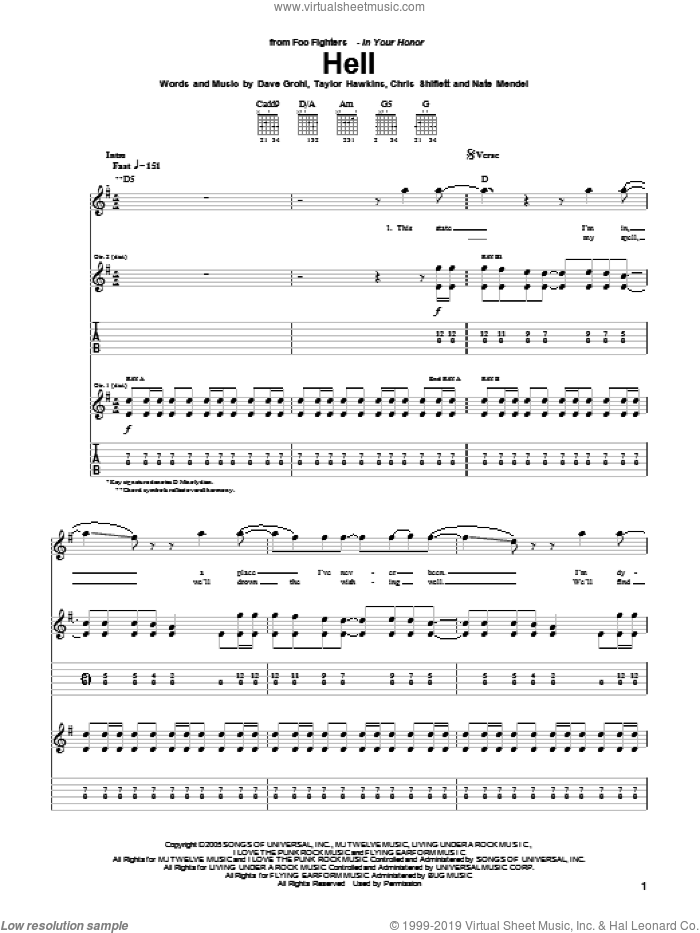 Hell sheet music for guitar (tablature) by Foo Fighters, Chris Shiflett, Dave Grohl, Nate Mendel and Taylor Hawkins, intermediate skill level