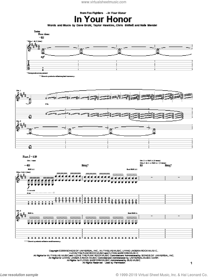In Your Honor sheet music for guitar (tablature) by Foo Fighters, Chris Shiflett, Dave Grohl, Nate Mendel and Taylor Hawkins, intermediate skill level