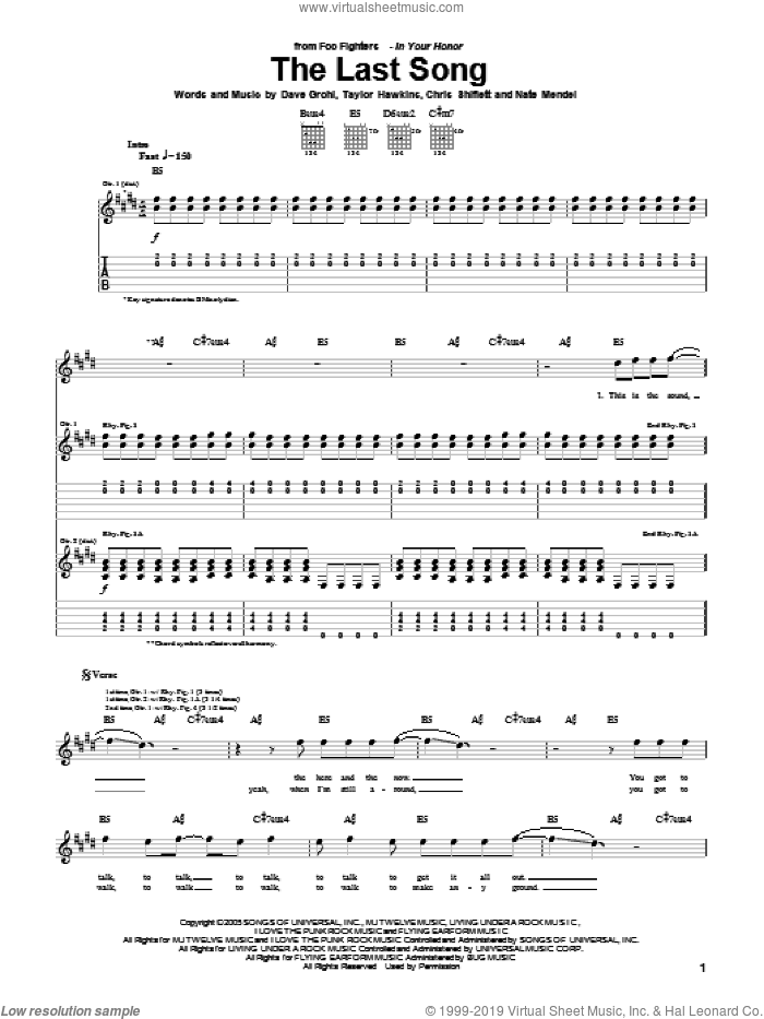The Last Song sheet music for guitar (tablature) by Foo Fighters, Chris Shiflett, Dave Grohl, Nate Mendel and Taylor Hawkins, intermediate skill level