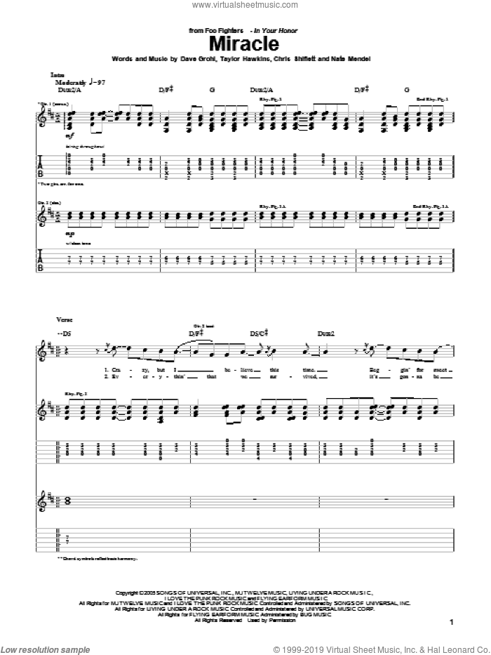 Miracle sheet music for guitar (tablature) by Foo Fighters, Chris Shiflett, Dave Grohl, Nate Mendel and Taylor Hawkins, intermediate skill level