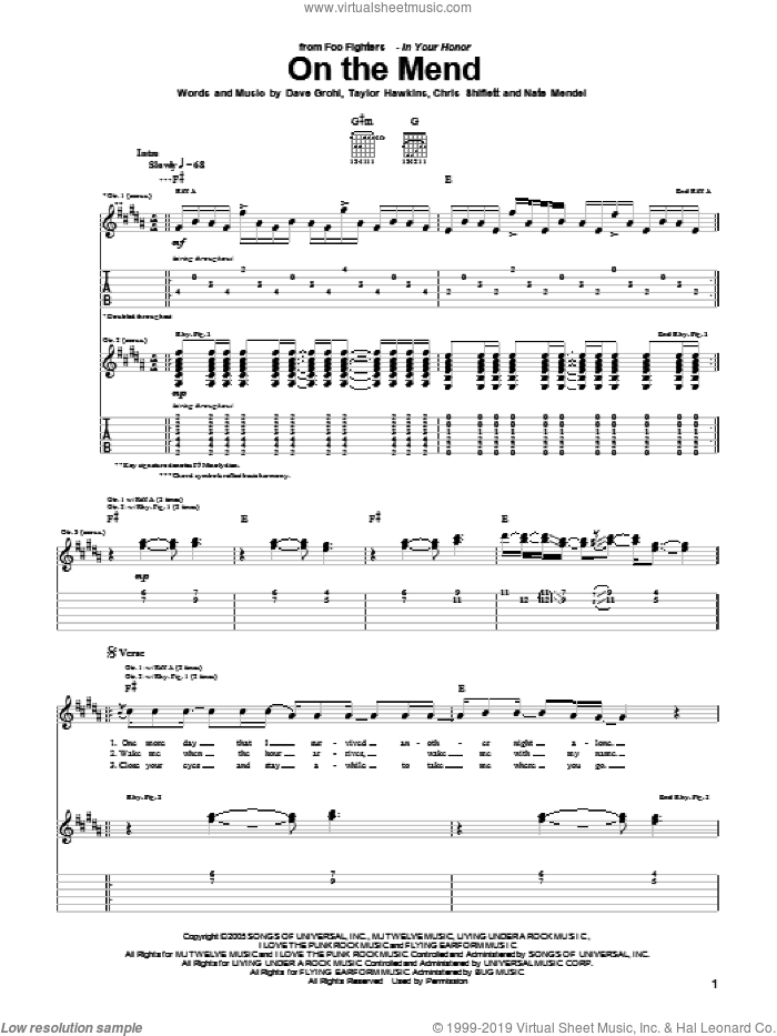 On The Mend sheet music for guitar (tablature) by Foo Fighters, Chris Shiflett, Dave Grohl, Nate Mendel and Taylor Hawkins, intermediate skill level