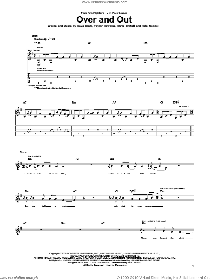 Over And Out sheet music for guitar (tablature) by Foo Fighters, Chris Shiflett, Dave Grohl, Nate Mendel and Taylor Hawkins, intermediate skill level