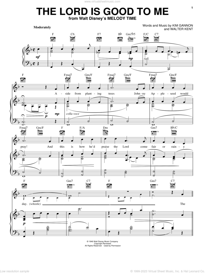 The Lord Is Good To Me (from Johnny Appleseed) sheet music for voice, piano or guitar by Kim Gannon and Walter Kent, intermediate skill level