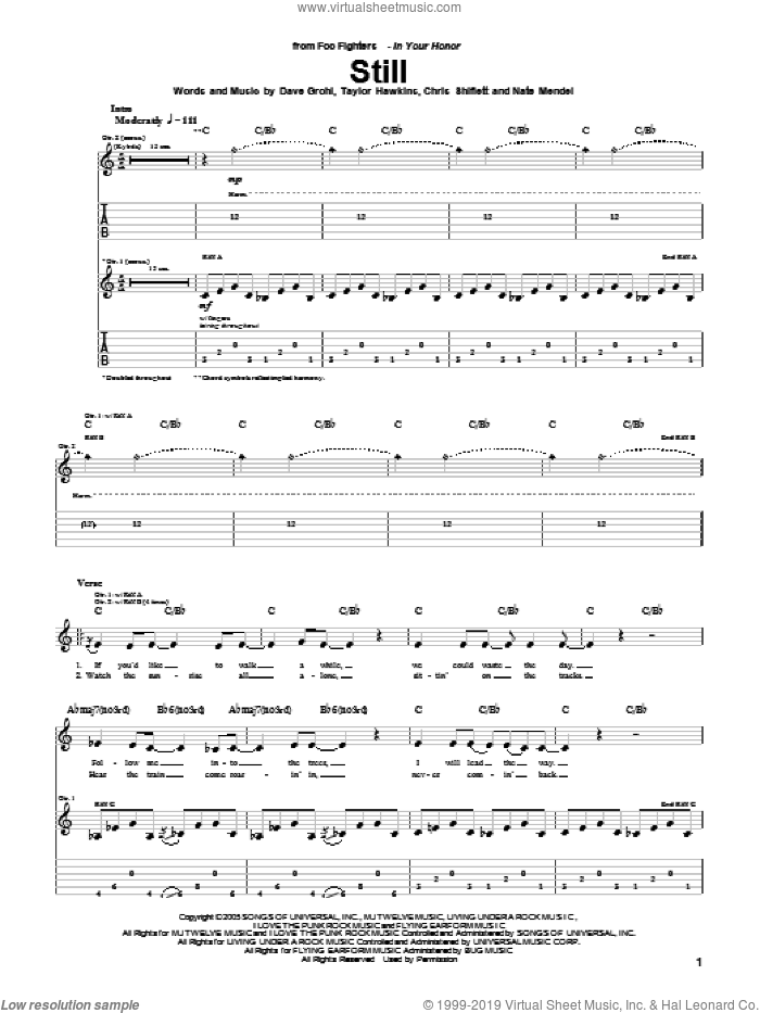 Still sheet music for guitar (tablature) by Foo Fighters, Chris Shiflett, Dave Grohl, Nate Mendel and Taylor Hawkins, intermediate skill level