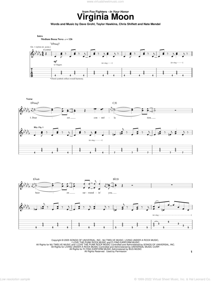 Virginia Moon sheet music for guitar (tablature) by Foo Fighters, Chris Shiflett, Dave Grohl, Nate Mendel and Taylor Hawkins, intermediate skill level
